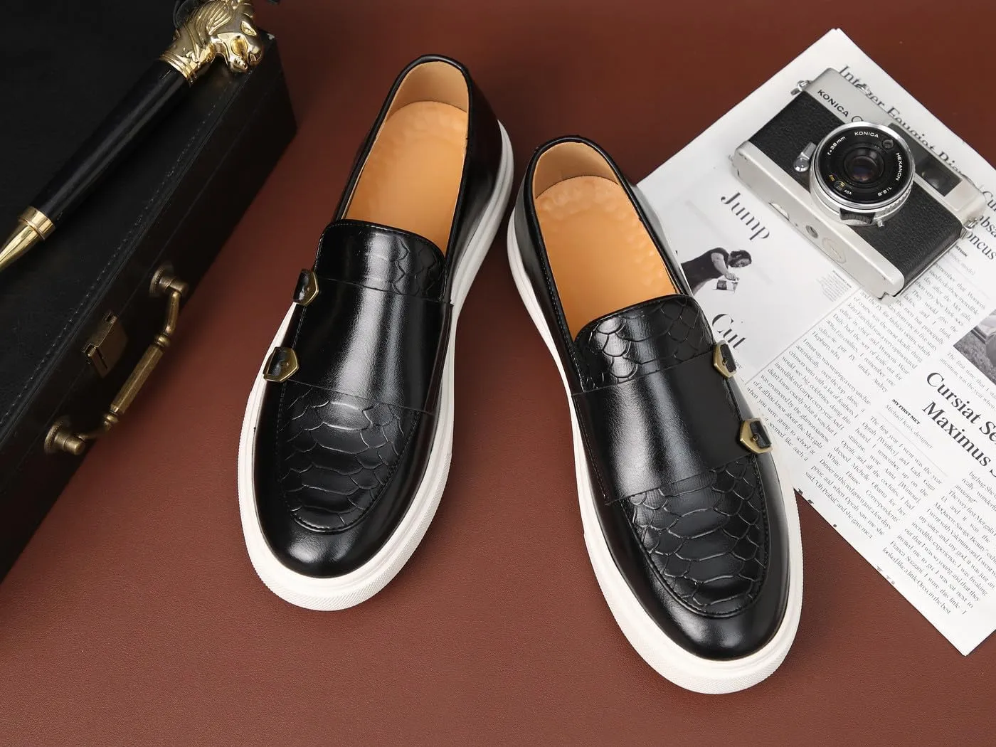 Santimon Men's Monk Strap Buckle Loafers Slip-on Flat Chunky Sole Casual Dress Shoes