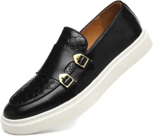 Santimon Men's Monk Strap Buckle Loafers Slip-on Flat Chunky Sole Casual Dress Shoes