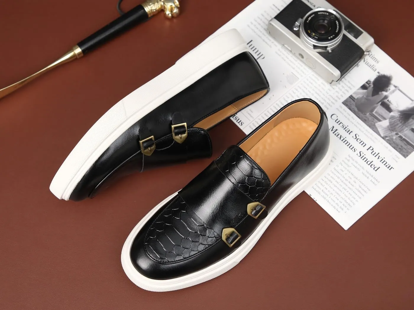 Santimon Men's Monk Strap Buckle Loafers Slip-on Flat Chunky Sole Casual Dress Shoes