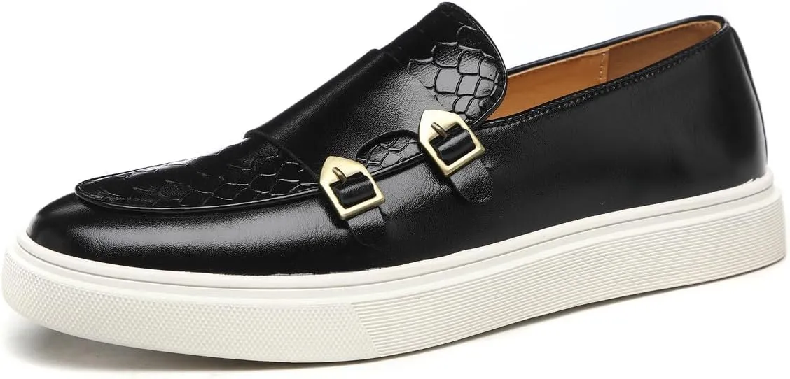 Santimon Men's Monk Strap Buckle Loafers Slip-on Flat Chunky Sole Casual Dress Shoes