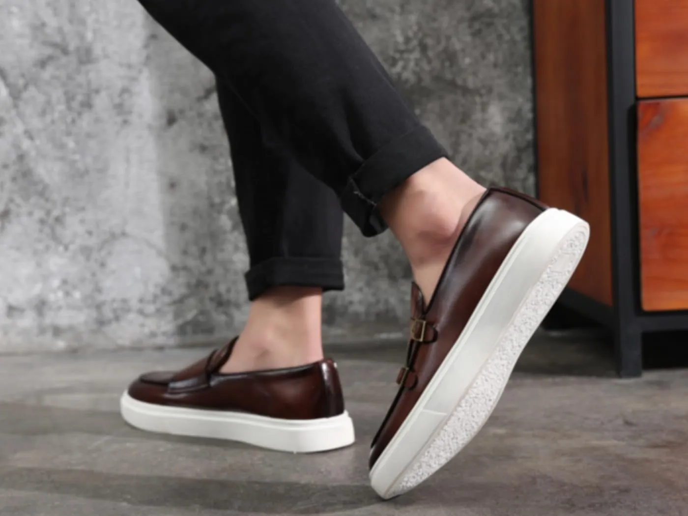 Santimon Men's Monk Strap Buckle Loafers Slip-on Flat Chunky Sole Casual Dress Shoes