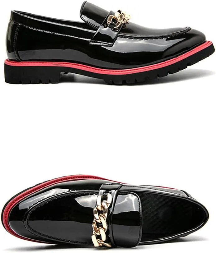 Santimon Men's Patent Leather Chain Penny Loafers Slip-On Moc Toe Chunky Dress Shoes for Weddings, Parties & Formal Events