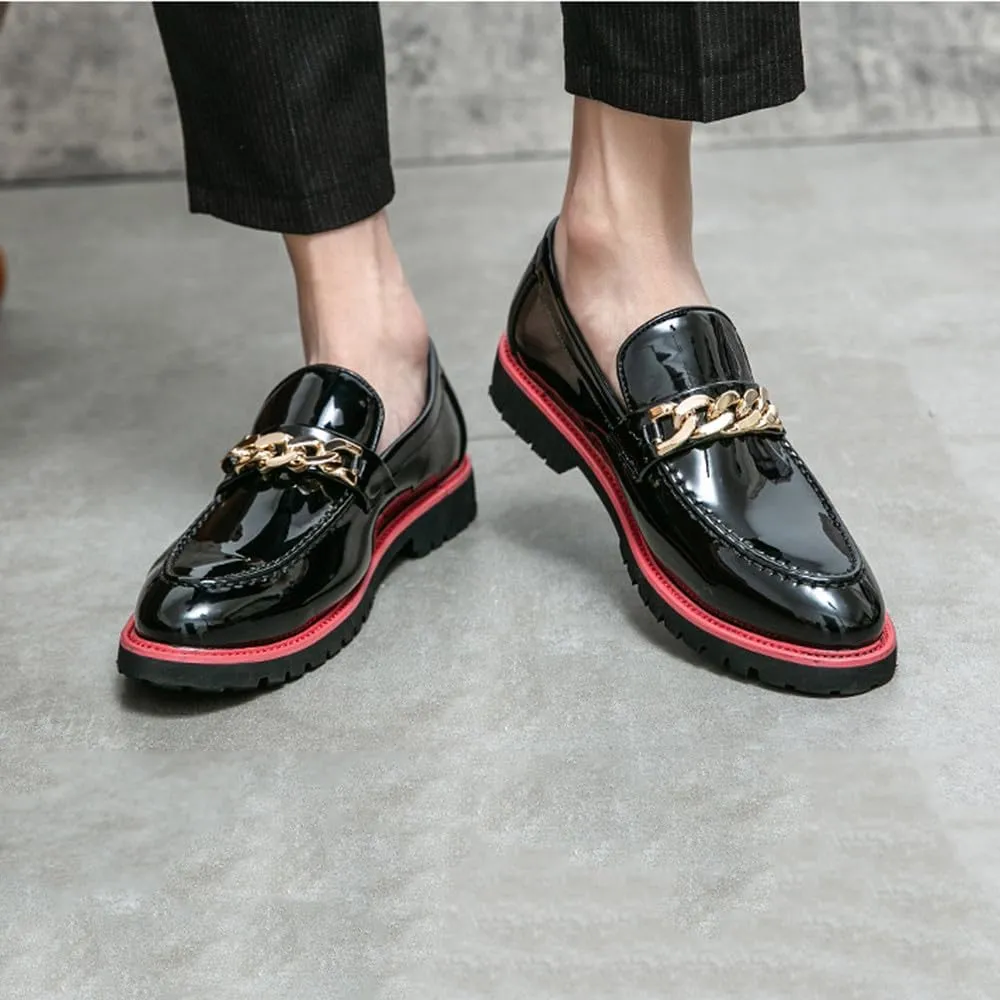 Santimon Men's Patent Leather Chain Penny Loafers Slip-On Moc Toe Chunky Dress Shoes for Weddings, Parties & Formal Events