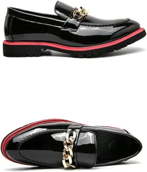 Santimon Men's Patent Leather Chain Penny Loafers Slip-On Moc Toe Chunky Dress Shoes for Weddings, Parties & Formal Events