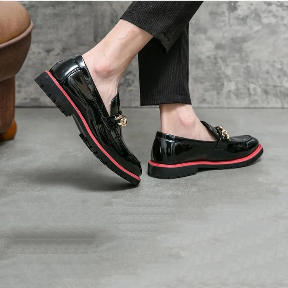 Santimon Men's Patent Leather Chain Penny Loafers Slip-On Moc Toe Chunky Dress Shoes for Weddings, Parties & Formal Events