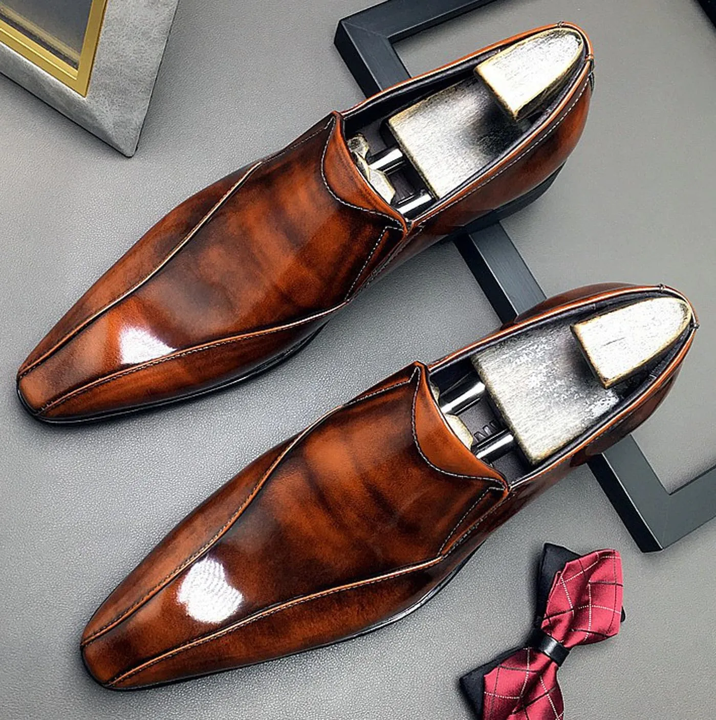 Santimon Men's Patent Leather Slip-On Loafers | Pointed Toe Penny Dress Shoes for Wedding & Business | Shining Casual Loafers with Cushioned Comfort Sole