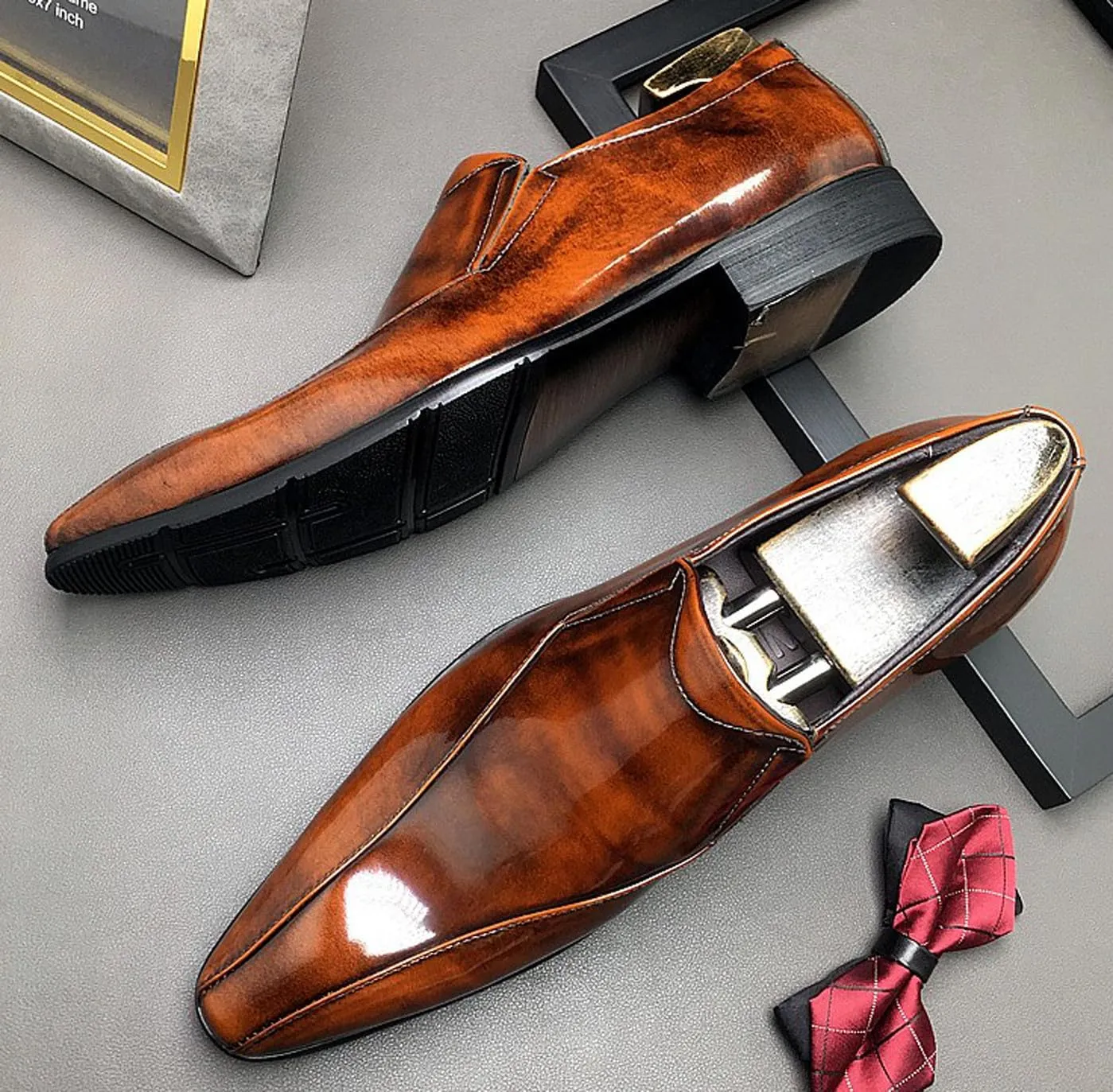 Santimon Men's Patent Leather Slip-On Loafers | Pointed Toe Penny Dress Shoes for Wedding & Business | Shining Casual Loafers with Cushioned Comfort Sole