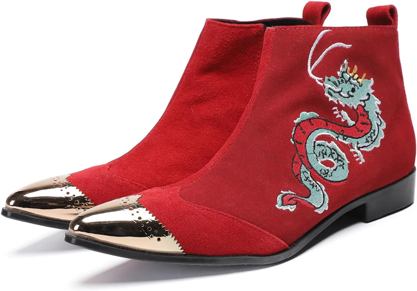 Santimon Men’s Suede Red Dress Chelsea Boots – Dragon Embroidered Pointed Toe Ankle Boots with Gold Metal Cap – Stylish Casual Cowboy Boots for Stage, Party, Festival, Clubwear