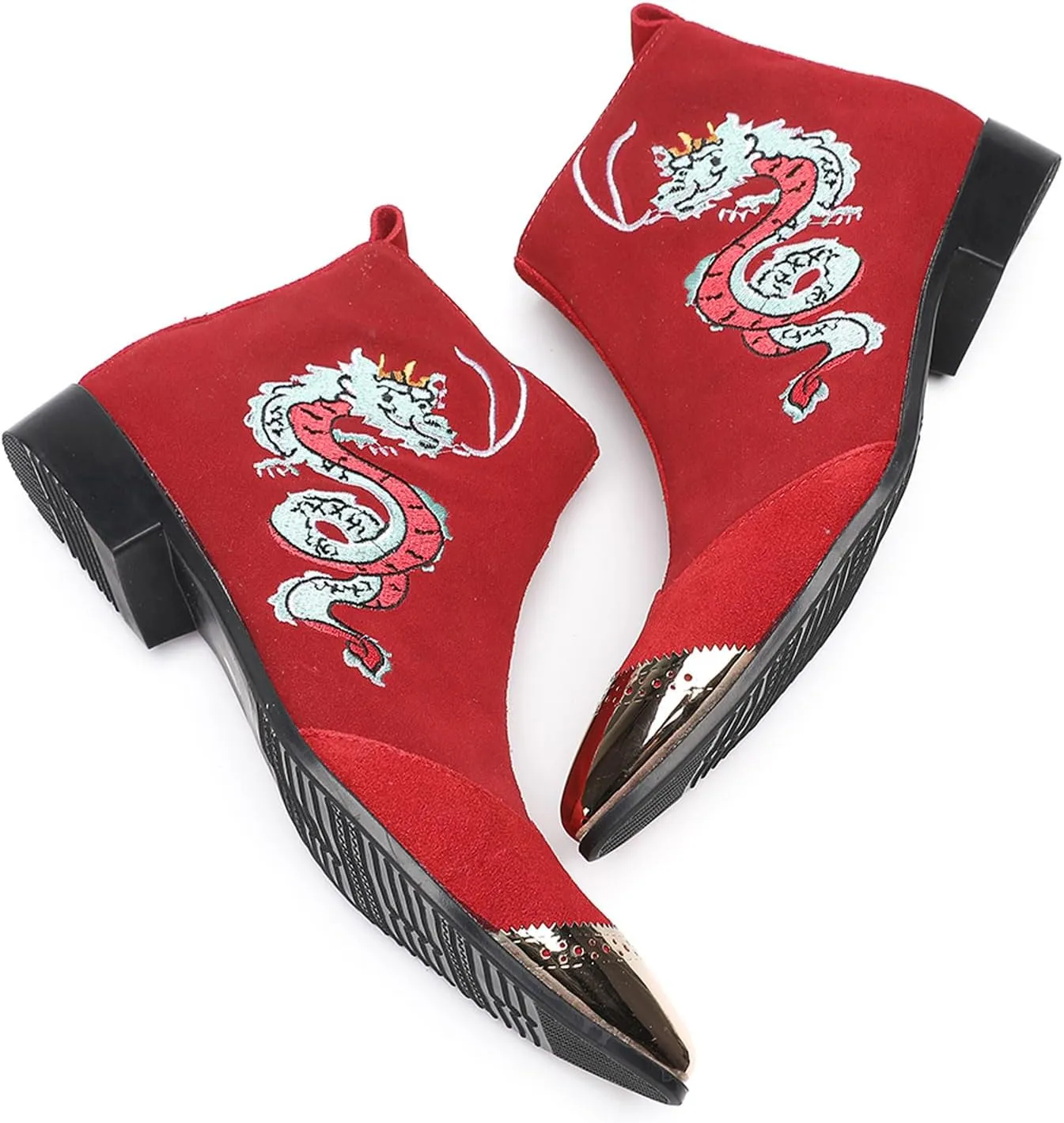 Santimon Men’s Suede Red Dress Chelsea Boots – Dragon Embroidered Pointed Toe Ankle Boots with Gold Metal Cap – Stylish Casual Cowboy Boots for Stage, Party, Festival, Clubwear
