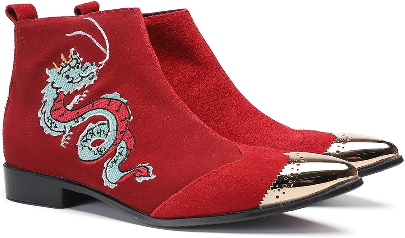 Santimon Men’s Suede Red Dress Chelsea Boots – Dragon Embroidered Pointed Toe Ankle Boots with Gold Metal Cap – Stylish Casual Cowboy Boots for Stage, Party, Festival, Clubwear