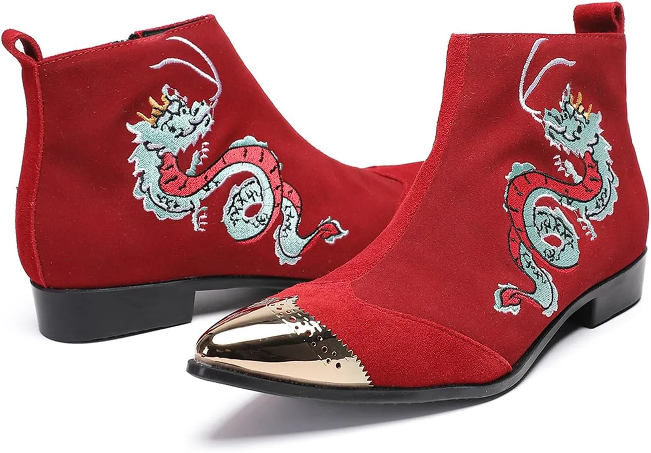 Santimon Men’s Suede Red Dress Chelsea Boots – Dragon Embroidered Pointed Toe Ankle Boots with Gold Metal Cap – Stylish Casual Cowboy Boots for Stage, Party, Festival, Clubwear