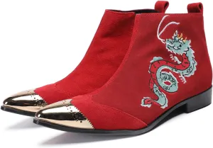 Santimon Men’s Suede Red Dress Chelsea Boots – Dragon Embroidered Pointed Toe Ankle Boots with Gold Metal Cap – Stylish Casual Cowboy Boots for Stage, Party, Festival, Clubwear