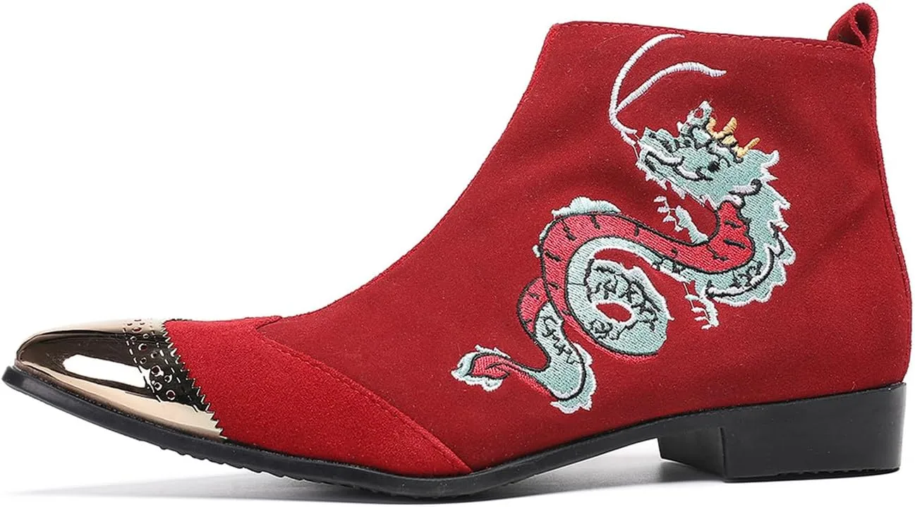 Santimon Men’s Suede Red Dress Chelsea Boots – Dragon Embroidered Pointed Toe Ankle Boots with Gold Metal Cap – Stylish Casual Cowboy Boots for Stage, Party, Festival, Clubwear