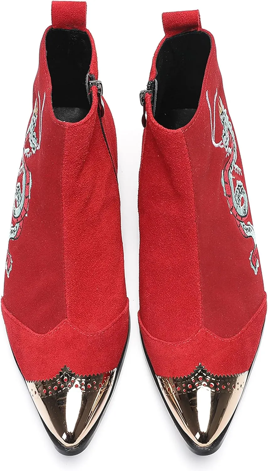Santimon Men’s Suede Red Dress Chelsea Boots – Dragon Embroidered Pointed Toe Ankle Boots with Gold Metal Cap – Stylish Casual Cowboy Boots for Stage, Party, Festival, Clubwear