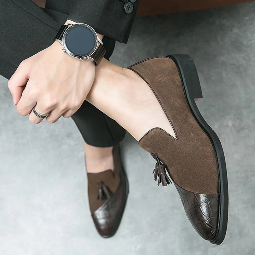 Santimon Men’s Tassel Loafers Leather & Suede Slip-On Dress Shoes, Elegant Crocodile Pattern Formal Shoes for Weddings, Business, Casual Black/Brown
