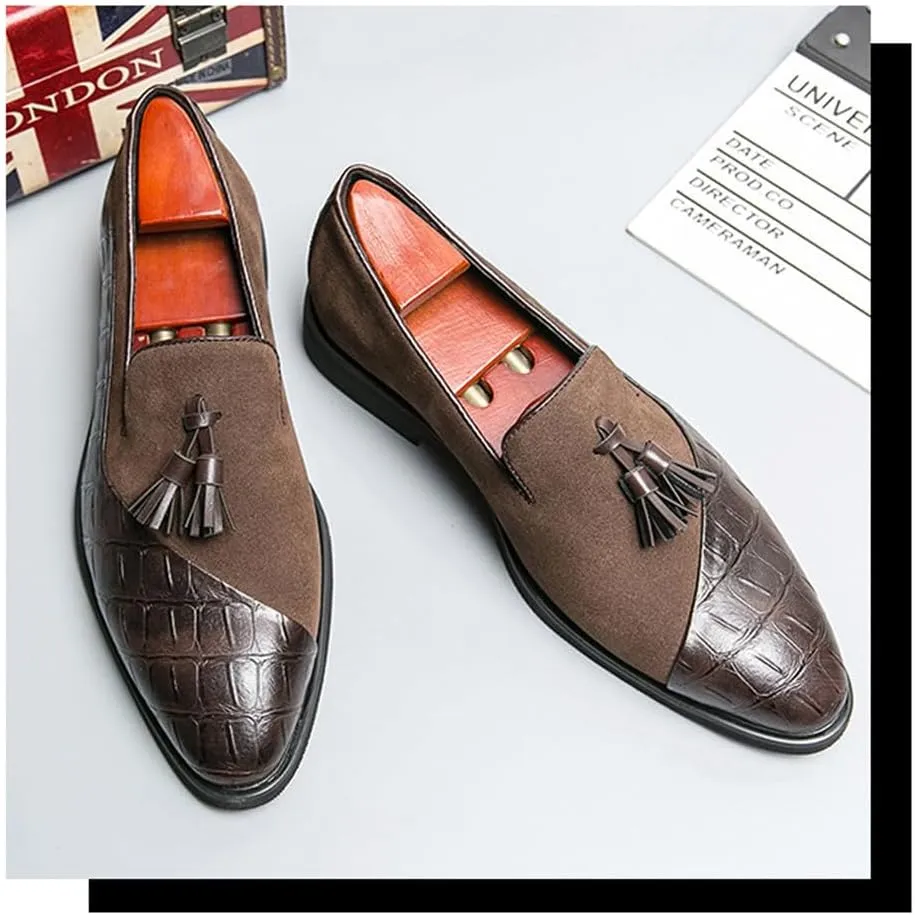 Santimon Men’s Tassel Loafers Leather & Suede Slip-On Dress Shoes, Elegant Crocodile Pattern Formal Shoes for Weddings, Business, Casual Black/Brown