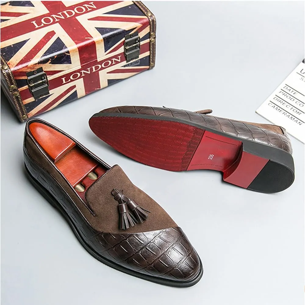 Santimon Men’s Tassel Loafers Leather & Suede Slip-On Dress Shoes, Elegant Crocodile Pattern Formal Shoes for Weddings, Business, Casual Black/Brown