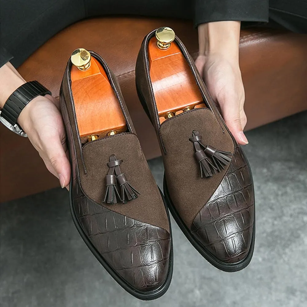 Santimon Men’s Tassel Loafers Leather & Suede Slip-On Dress Shoes, Elegant Crocodile Pattern Formal Shoes for Weddings, Business, Casual Black/Brown