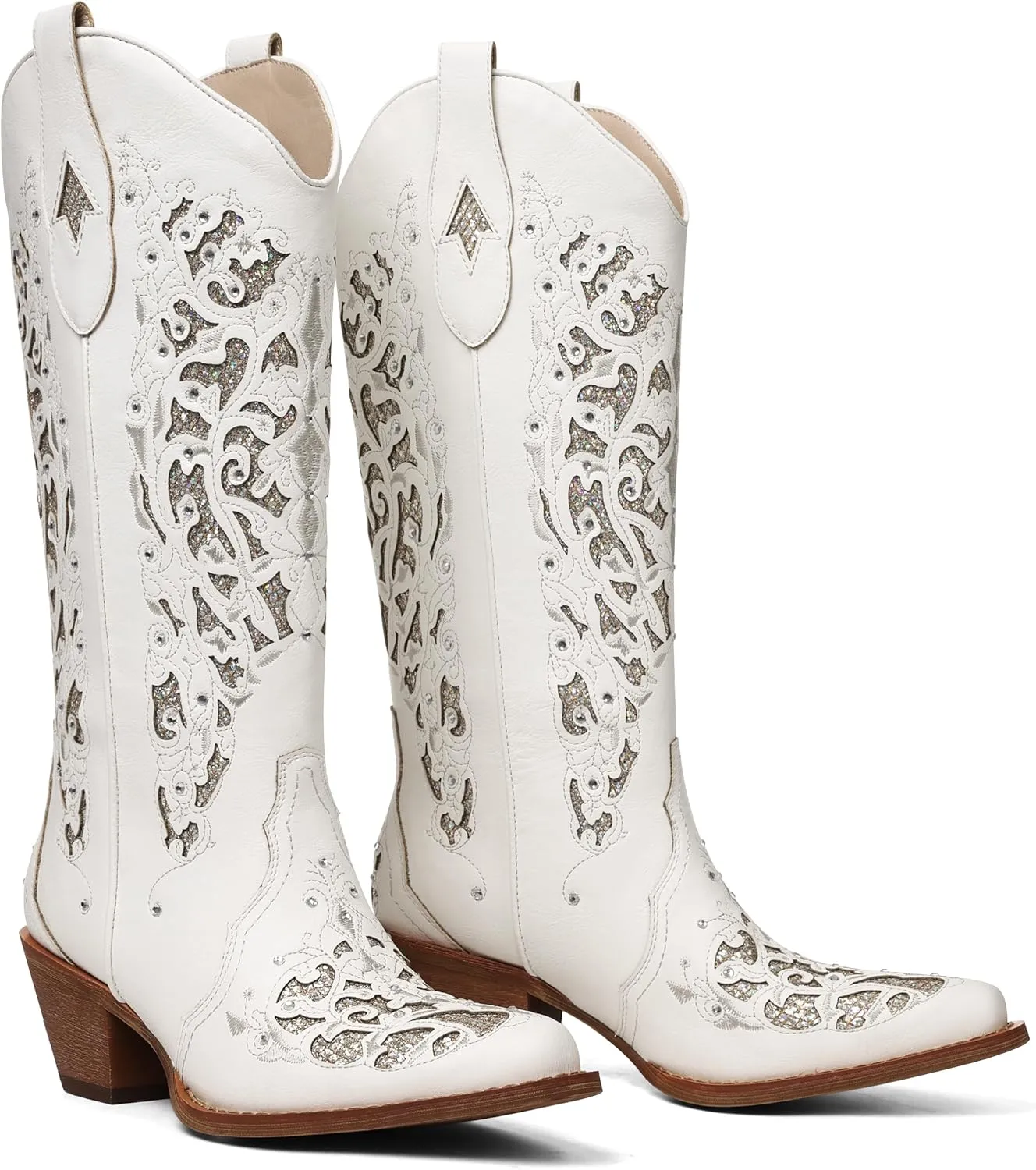 SaraIris Black Cowgirl Boots for Women Cowboy Boots Western Boots Chunky Heel Pointed Toe Pull On Rhinestones Knee High Boots