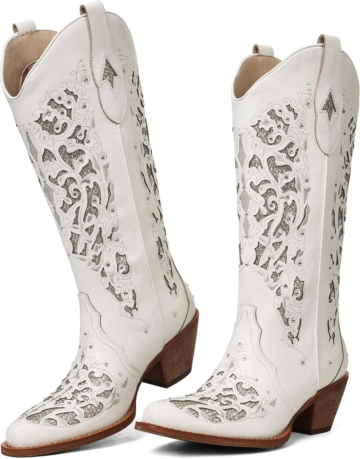 SaraIris Black Cowgirl Boots for Women Cowboy Boots Western Boots Chunky Heel Pointed Toe Pull On Rhinestones Knee High Boots