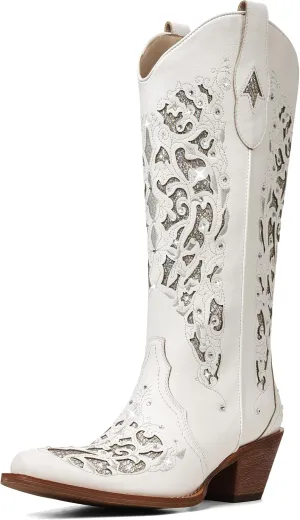 SaraIris Black Cowgirl Boots for Women Cowboy Boots Western Boots Chunky Heel Pointed Toe Pull On Rhinestones Knee High Boots