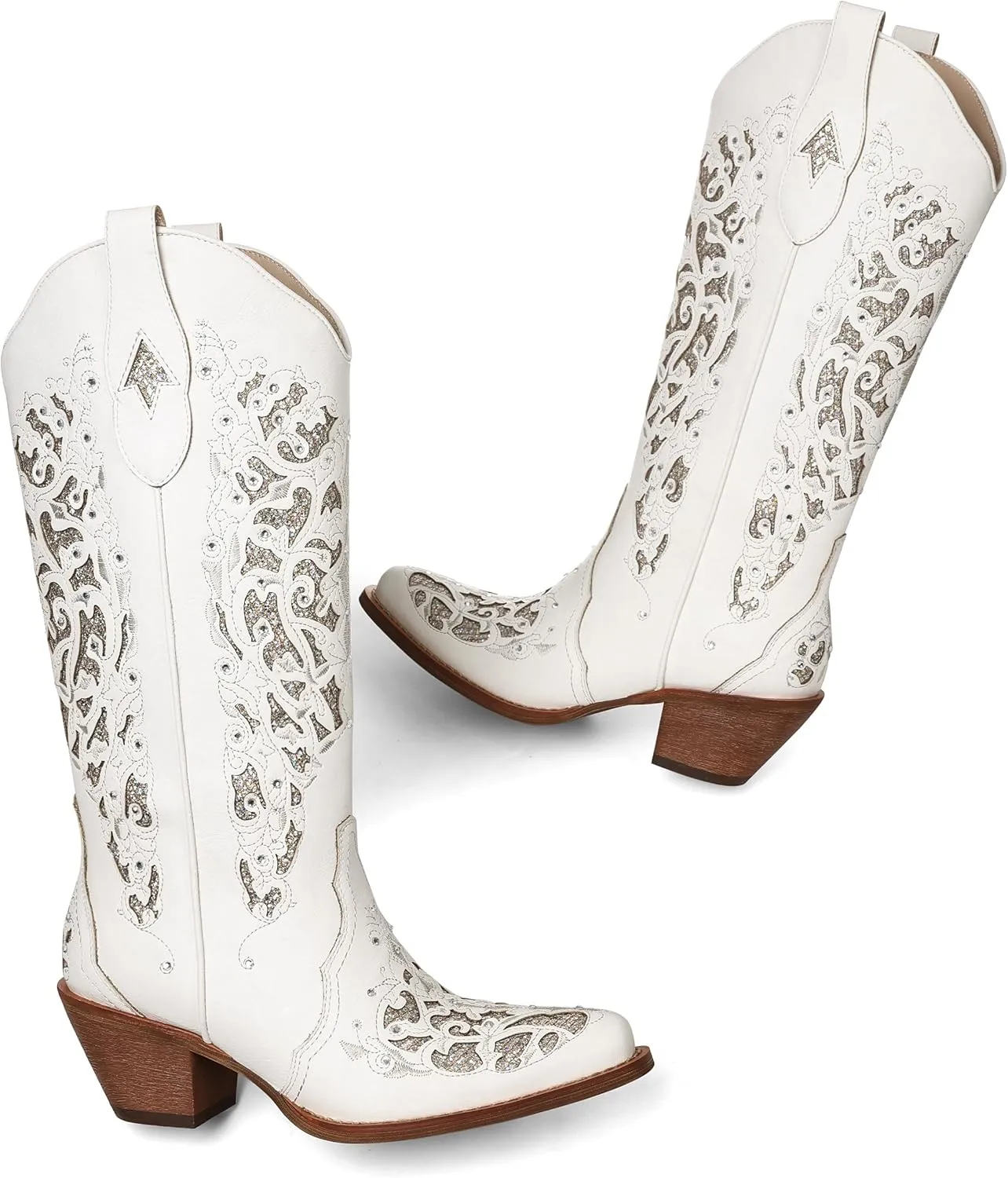 SaraIris Black Cowgirl Boots for Women Cowboy Boots Western Boots Chunky Heel Pointed Toe Pull On Rhinestones Knee High Boots