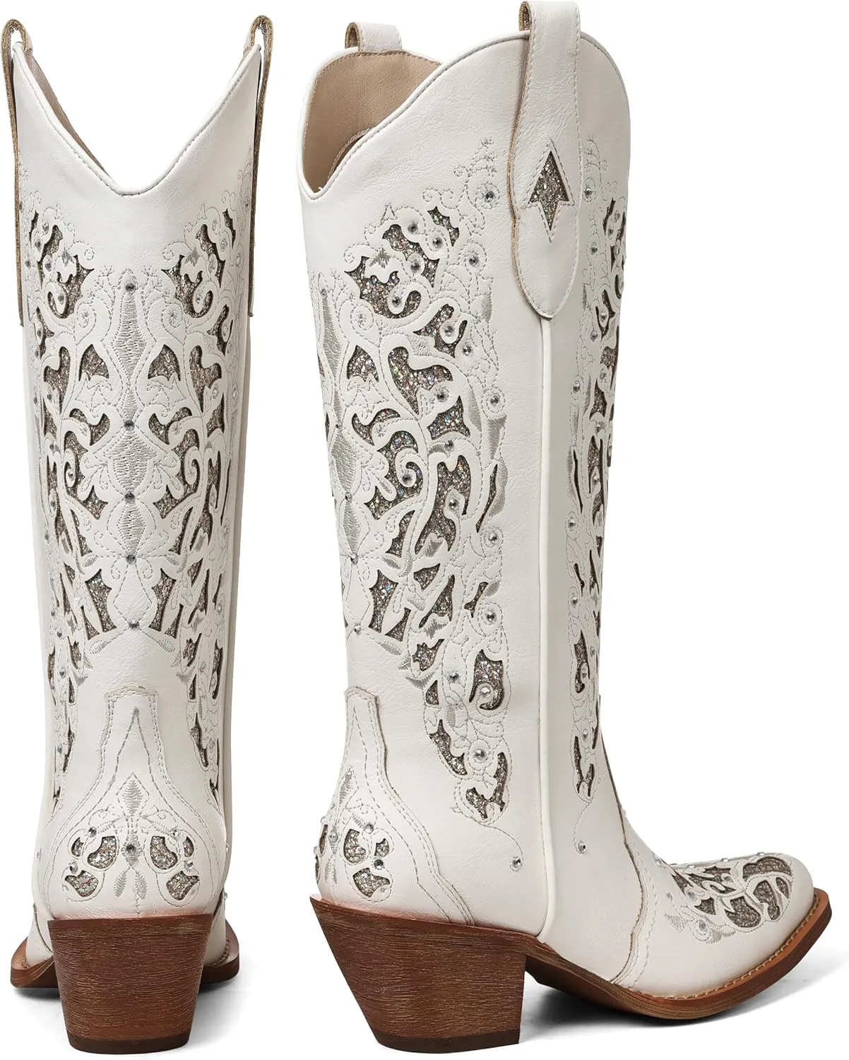 SaraIris Black Cowgirl Boots for Women Cowboy Boots Western Boots Chunky Heel Pointed Toe Pull On Rhinestones Knee High Boots