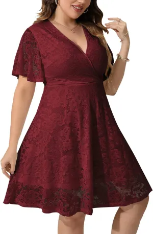 SCOMCHIC Women Plus Size Lace Cocktail Dresses Summer Wrap V Neck Short Sleeve Flowy A Line Wedding Guest Midi Dress
