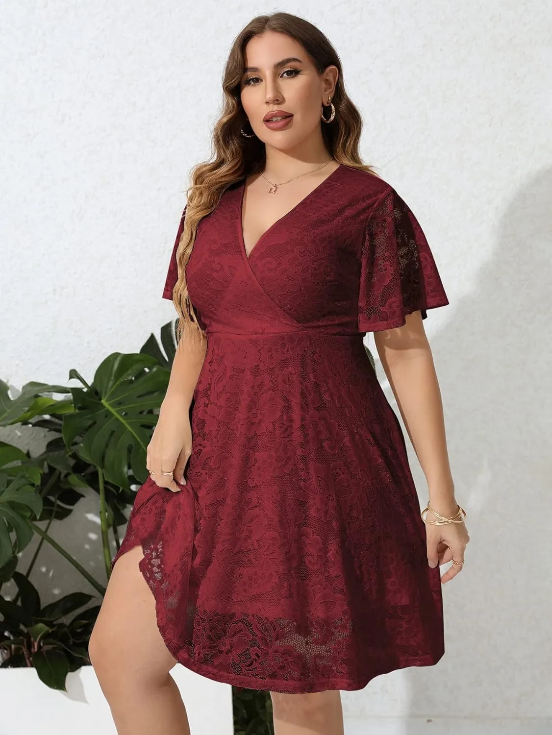 SCOMCHIC Women Plus Size Lace Cocktail Dresses Summer Wrap V Neck Short Sleeve Flowy A Line Wedding Guest Midi Dress