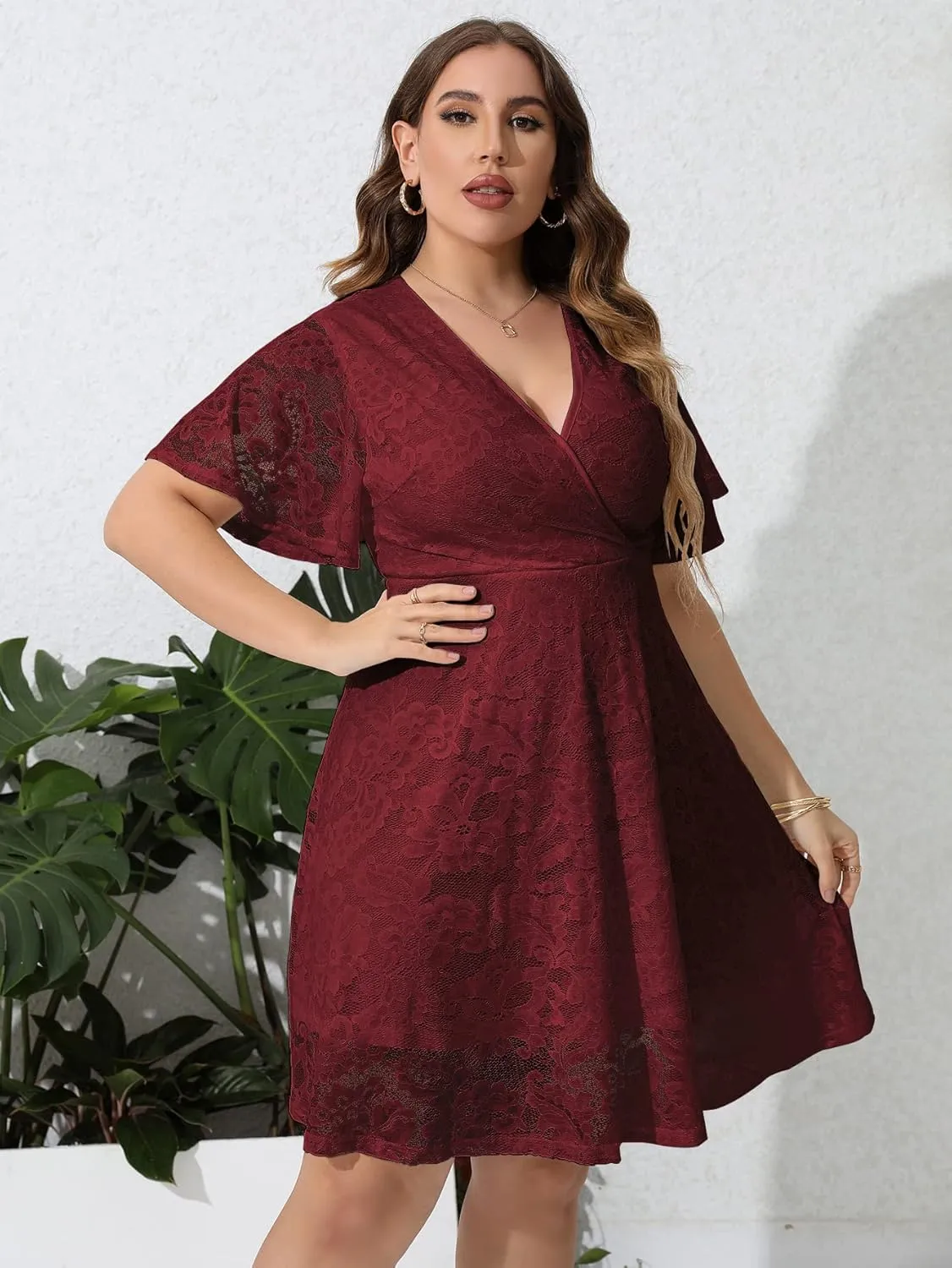 SCOMCHIC Women Plus Size Lace Cocktail Dresses Summer Wrap V Neck Short Sleeve Flowy A Line Wedding Guest Midi Dress