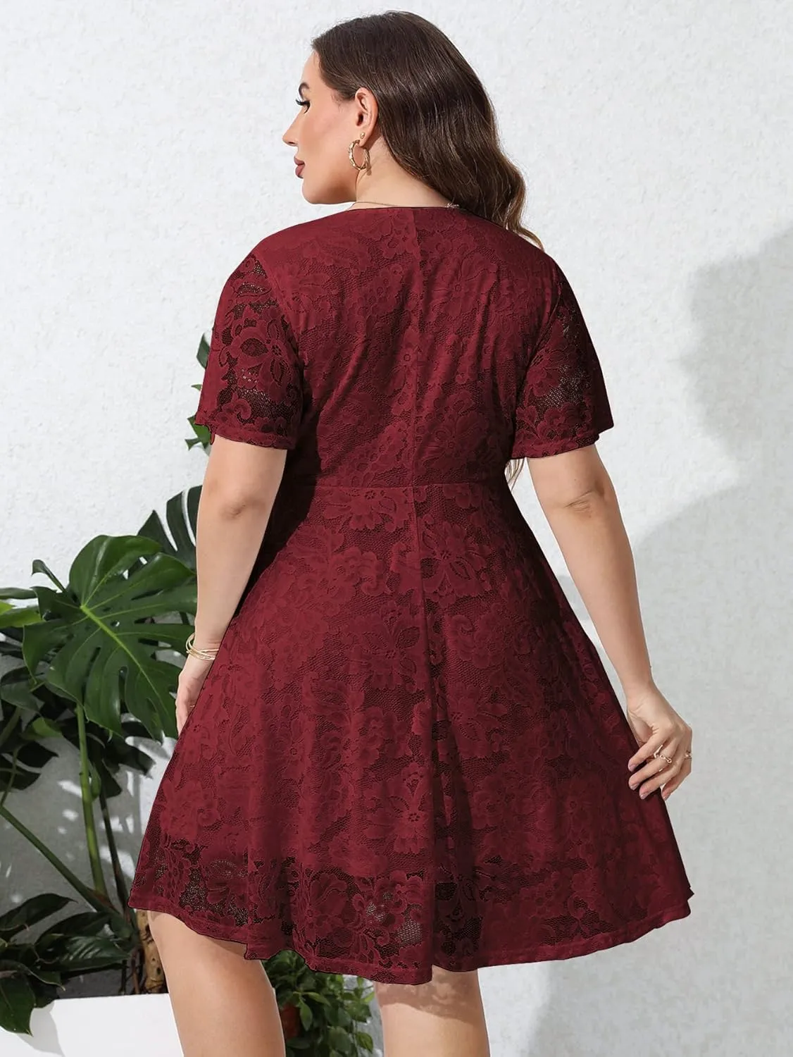 SCOMCHIC Women Plus Size Lace Cocktail Dresses Summer Wrap V Neck Short Sleeve Flowy A Line Wedding Guest Midi Dress