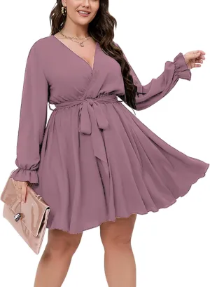 SCOMCHIC Women's Plus Size Long Sleeve Wrap V Neck Tie Waist A Line Mini Dress