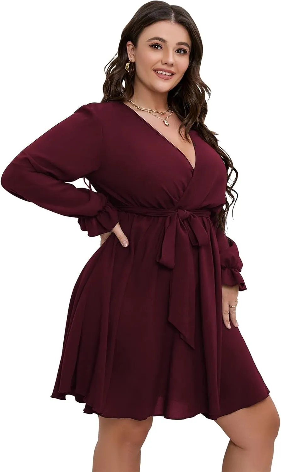 SCOMCHIC Women's Plus Size Long Sleeve Wrap V Neck Tie Waist A Line Mini Dress