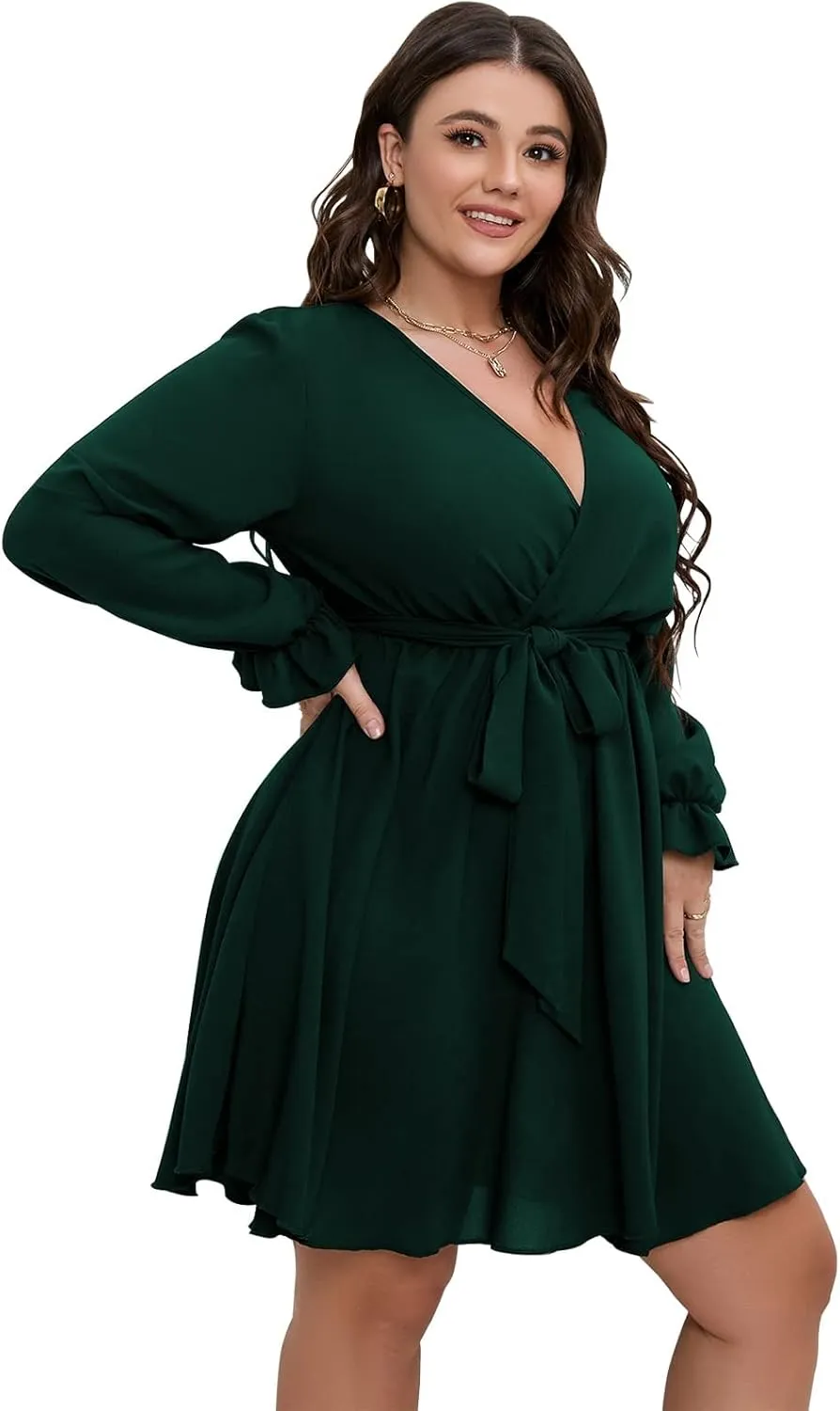 SCOMCHIC Women's Plus Size Long Sleeve Wrap V Neck Tie Waist A Line Mini Dress