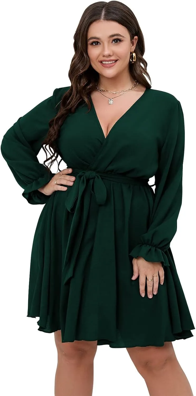 SCOMCHIC Women's Plus Size Long Sleeve Wrap V Neck Tie Waist A Line Mini Dress
