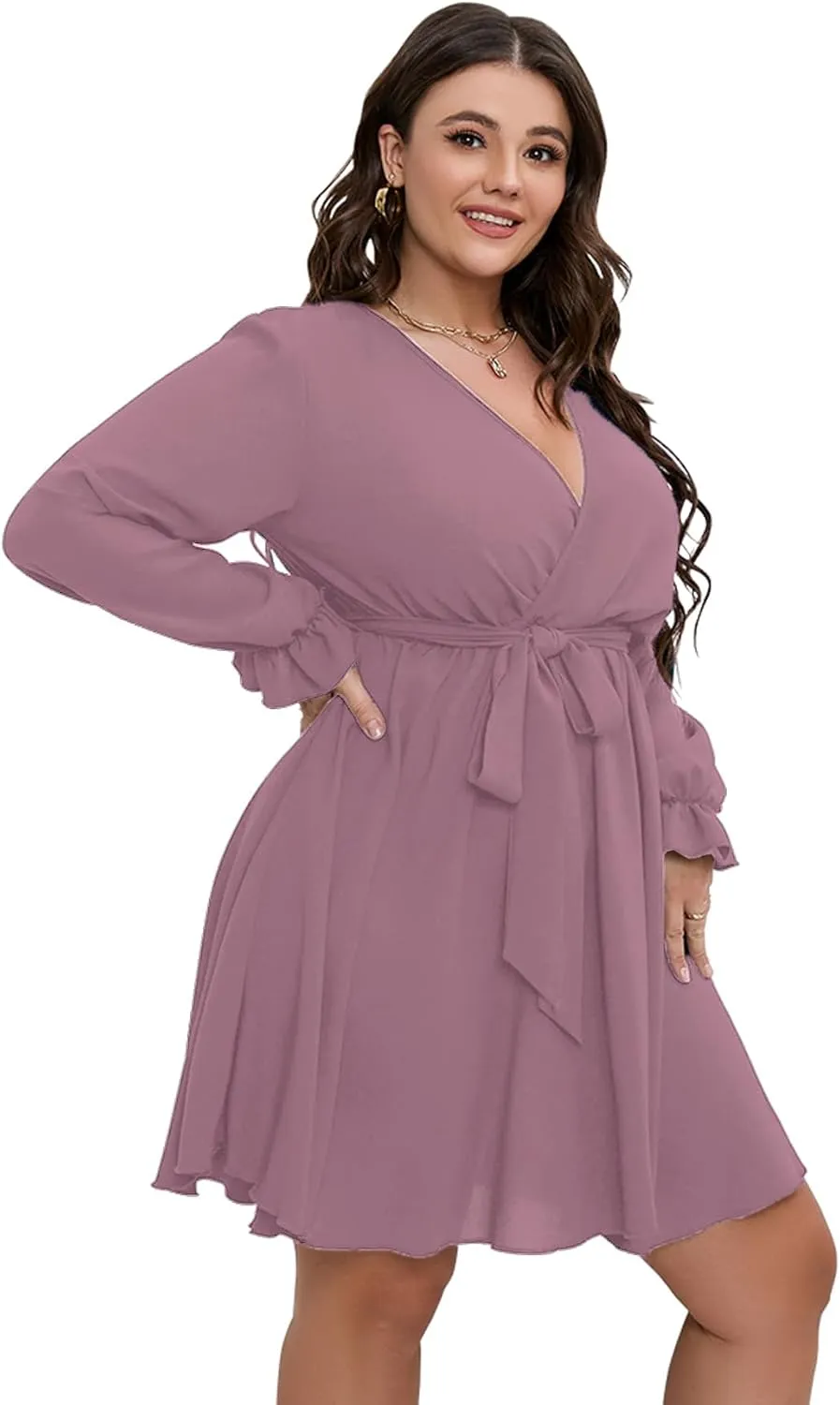 SCOMCHIC Women's Plus Size Long Sleeve Wrap V Neck Tie Waist A Line Mini Dress