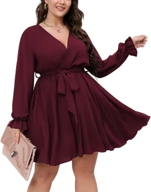 SCOMCHIC Women's Plus Size Long Sleeve Wrap V Neck Tie Waist A Line Mini Dress