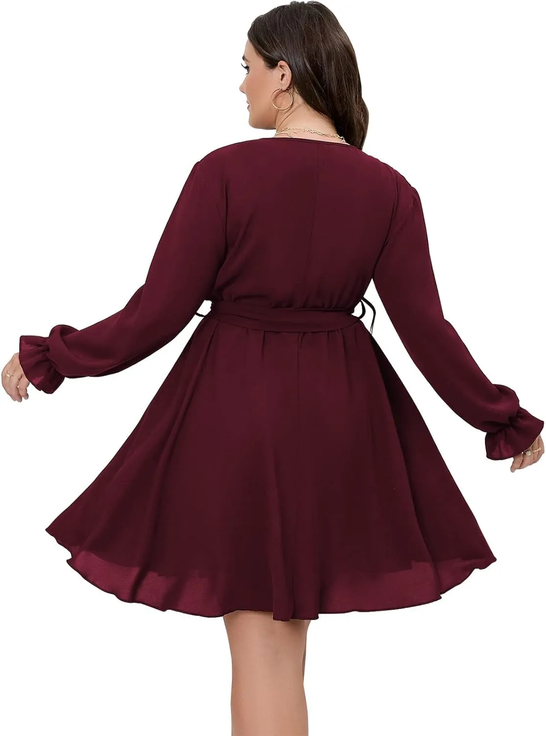 SCOMCHIC Women's Plus Size Long Sleeve Wrap V Neck Tie Waist A Line Mini Dress