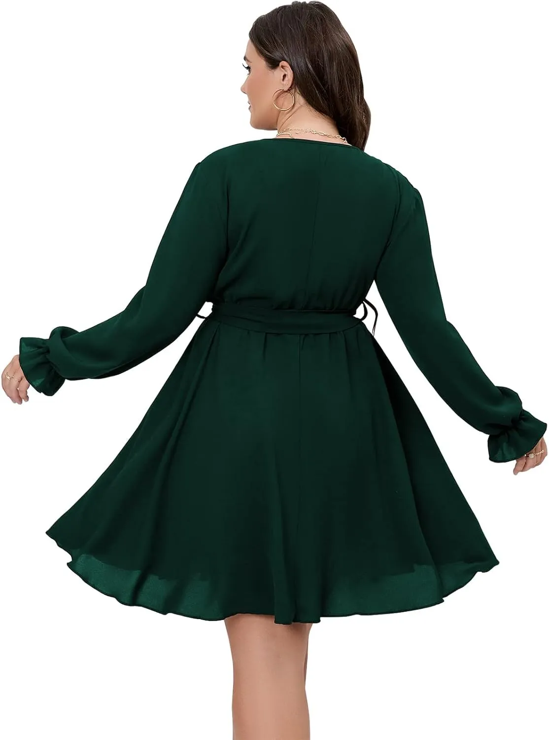 SCOMCHIC Women's Plus Size Long Sleeve Wrap V Neck Tie Waist A Line Mini Dress