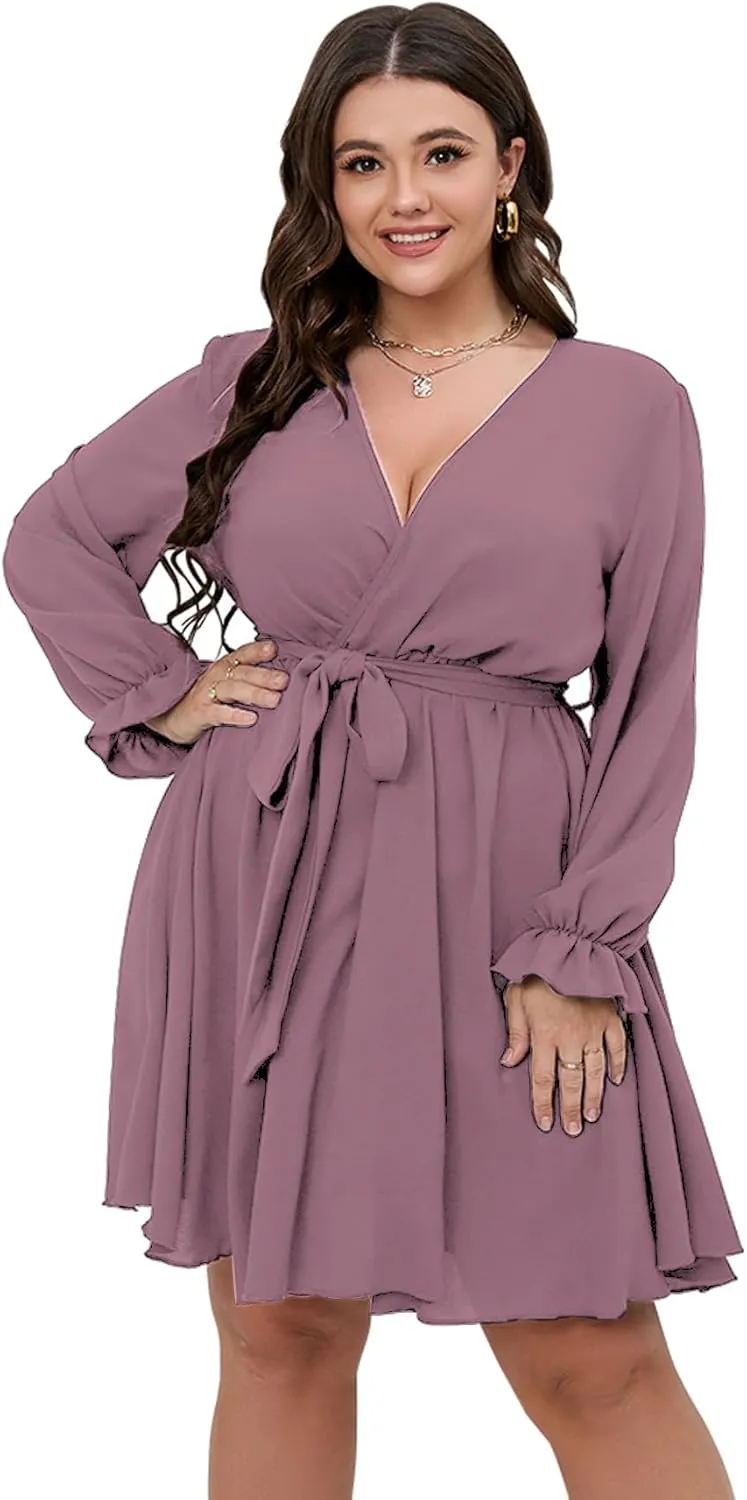SCOMCHIC Women's Plus Size Long Sleeve Wrap V Neck Tie Waist A Line Mini Dress