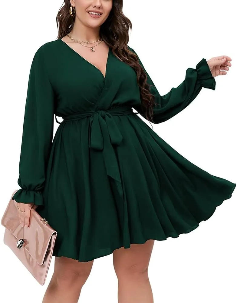 SCOMCHIC Women's Plus Size Long Sleeve Wrap V Neck Tie Waist A Line Mini Dress
