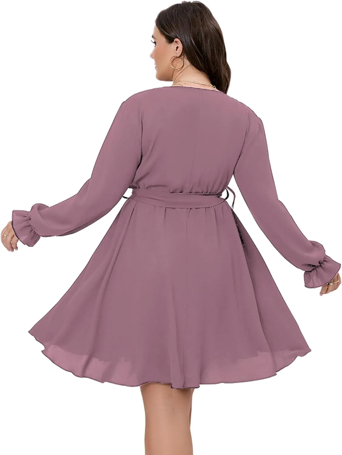 SCOMCHIC Women's Plus Size Long Sleeve Wrap V Neck Tie Waist A Line Mini Dress