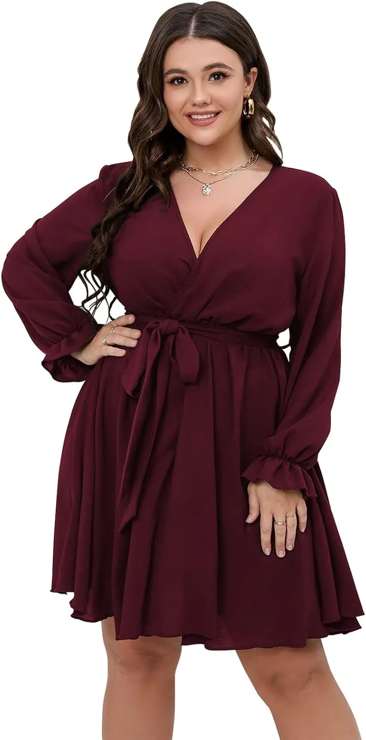 SCOMCHIC Women's Plus Size Long Sleeve Wrap V Neck Tie Waist A Line Mini Dress