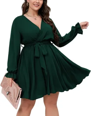 SCOMCHIC Women's Plus Size Long Sleeve Wrap V Neck Tie Waist A Line Mini Dress