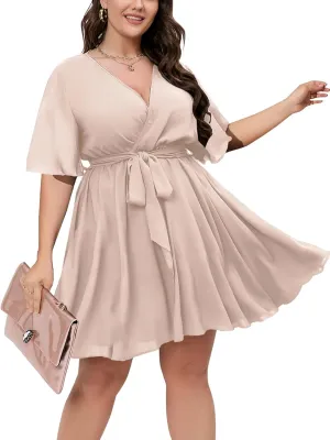 SCOMCHIC Women's Plus Size Summer Dresses Short Sleeve Wrap V Neck A Line Skater Mini Short Dress XL-4XL