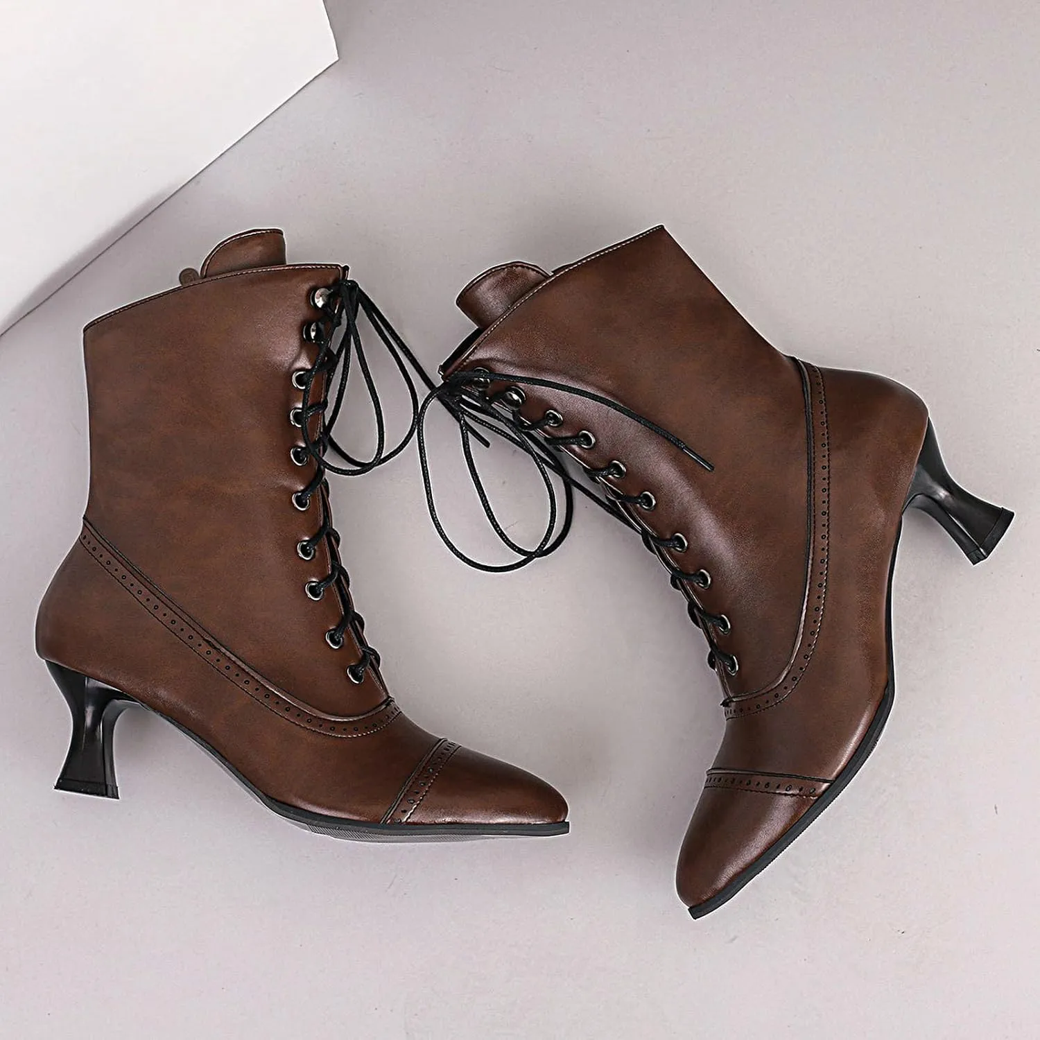 Seborluys Women Vintage Victorian Lace Up Boots Kitten Heel Ankle Boots Pointed Toe Mid Heel Booties With Zipper Wedding Bridal Costume…