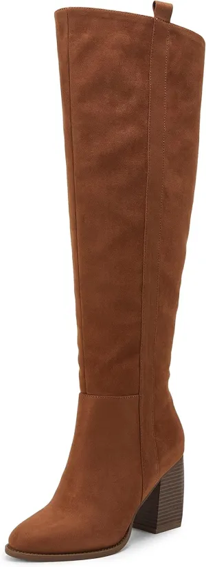 SERAIH Womens Over The Knee Thigh High Boots Faux Suede Pointed Toe Side Zipper Chunky Block Heel Stretch Boots