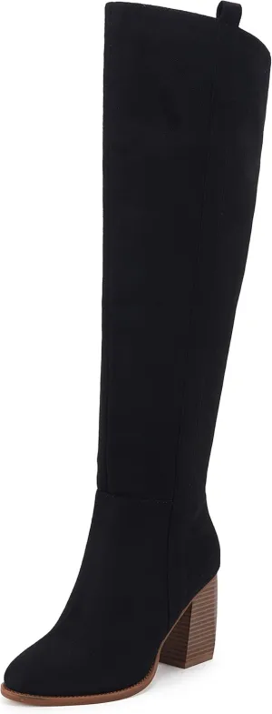 SERAIH Womens Over The Knee Thigh High Boots Faux Suede Pointed Toe Side Zipper Chunky Block Heel Stretch Boots