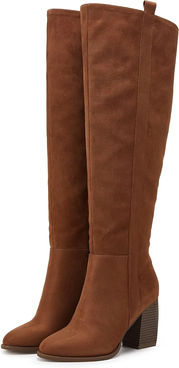 SERAIH Womens Over The Knee Thigh High Boots Faux Suede Pointed Toe Side Zipper Chunky Block Heel Stretch Boots