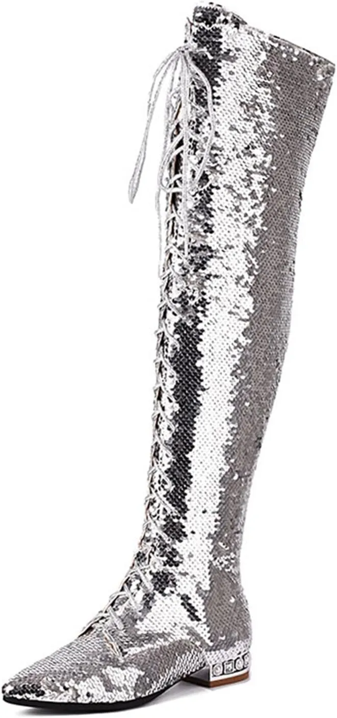 Sexy Bling Women's Large Size Over The Knee Boots with Sequins, Lace Up Fashion Low Heel Thigh High Boots for Party, Banquet and Weding,8.5,Silver
